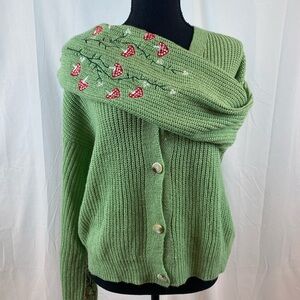 Green Mushrooms Embroidered Women's Button V Neck Cardigan Sweater